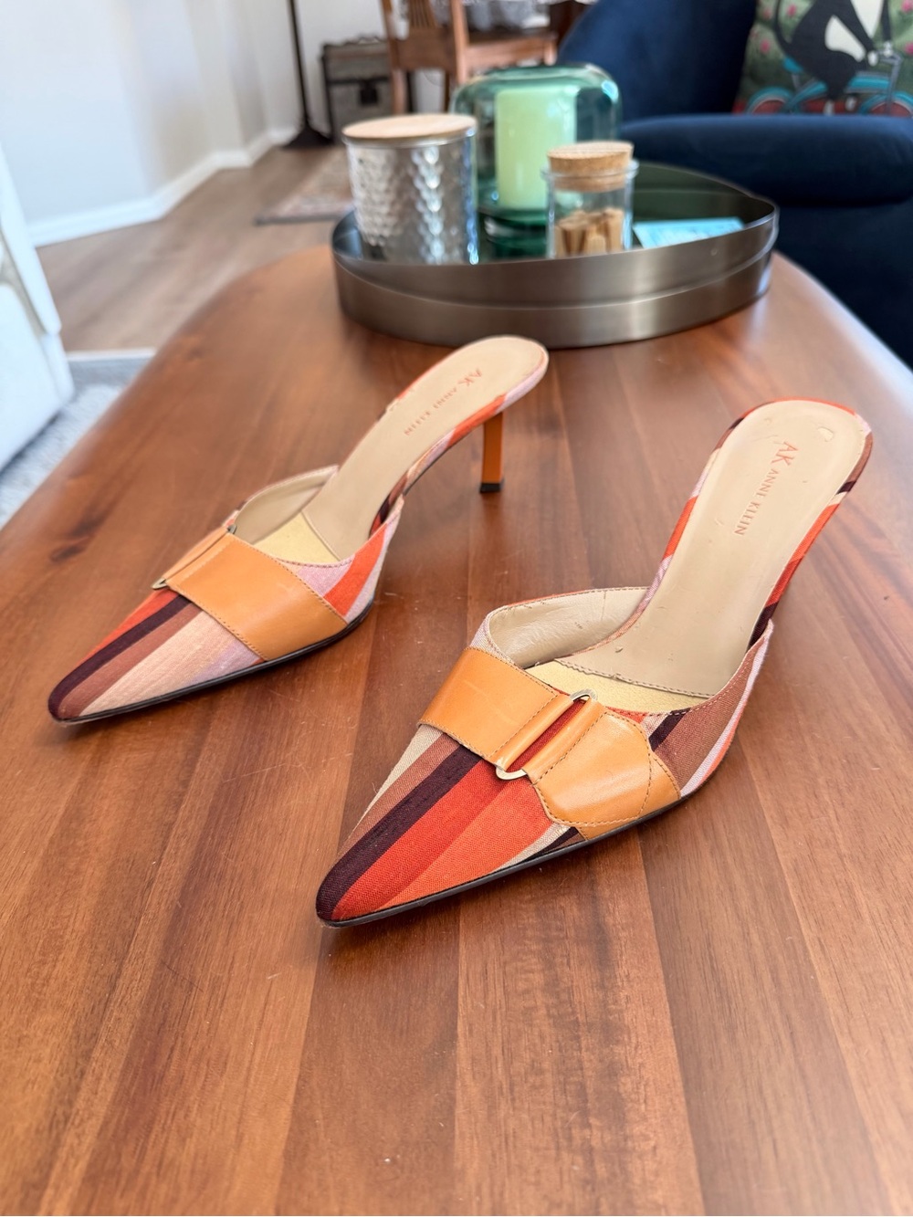 AK Anne Klein Striped Pointed Toe Mule Heels Size 9M 3” Heel - Picture 2 of 7